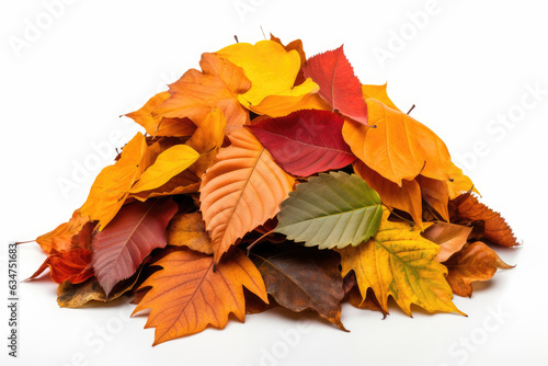 Big pile of colorful autumn leaves isolated on white background