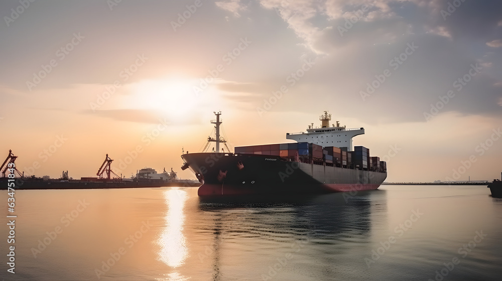 Cargo container ship vessel in harbour with cranes, illustrative ai, generative