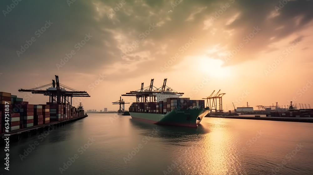 Cargo container ship vessel in harbour with cranes, illustrative ai, generative