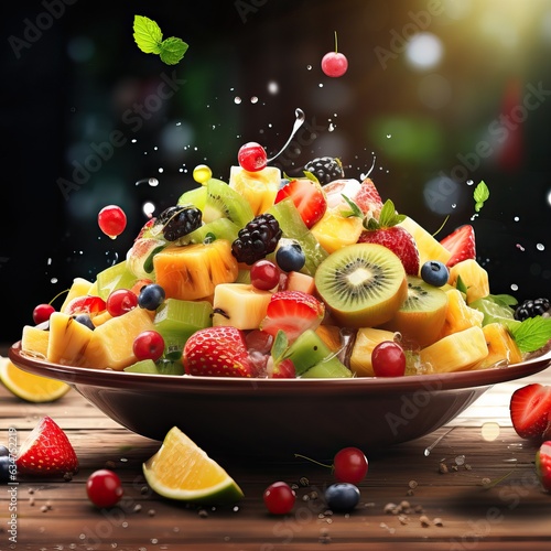 Fruit salad, fruit salad realistic restaurant backgroundhigh quality ai image generated photo