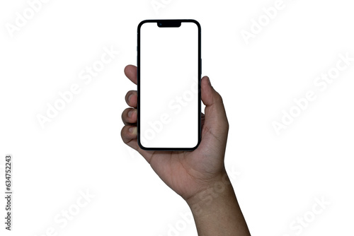 Smartphone similar to iphone 15 with blank white screen for Infographic Global Business Marketing Plan, mockup model similar to iPhone isolated Background of digital investment economy - Clipping Path