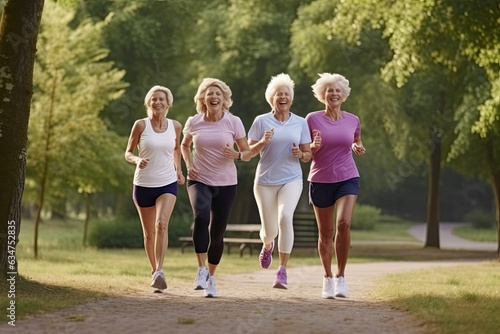 A portrait of four smiling and happy people running on a path in a park. They are a group of active senior women who love sport and fitness.