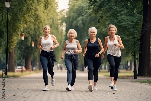 A portrait of five cheerful and active seniors jogging together in a park. They are outdoors on a summer day. They are friends who enjoy exercising and nature.
