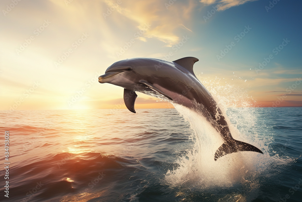 Fototapeta premium Bottlenose dolphin jump over ocean
