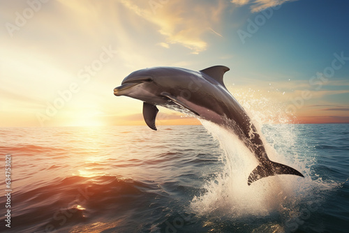 Bottlenose dolphin jump over ocean © Tony A