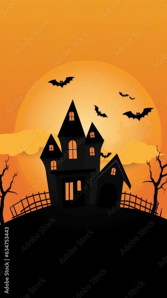 Halloween Illustration Featuring the Silhouette of a Haunted Framed by the Reddish Orange Sunset