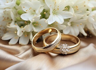 Gold wedding rings. Wedding symbols, attributes. Holiday, celebration.