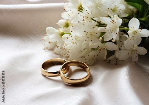 Gold wedding rings. Wedding symbols, attributes. Holiday, celebration.