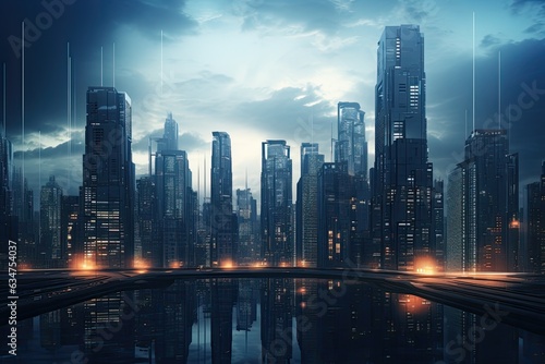 Urban night. Eerie skyline  desolate future city streets. Noir-inspired sci-fi concept.