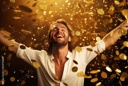 Handsome Happy Man Tosses Up Gold Coins On Gold Background. Wealth, Joy, Success, Tossing Gold Coins, Celebrate, Beautiful Background, Happiness, Confidence