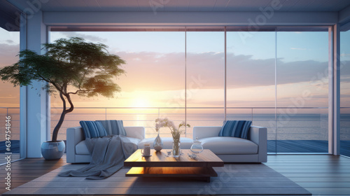 luxurious bright interior of the Contemporary Living Room, with a stunning sea view, Summer vacation background or work at home, sea life concept, illustration