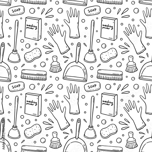 Seamless pattern with cleaning items - rubber gloves, soap, scrub brushes, plunger, washing powder, dustpan. Vector hand-drawn illustration in doodle style. Perfect for print, wallpaper, decorations.