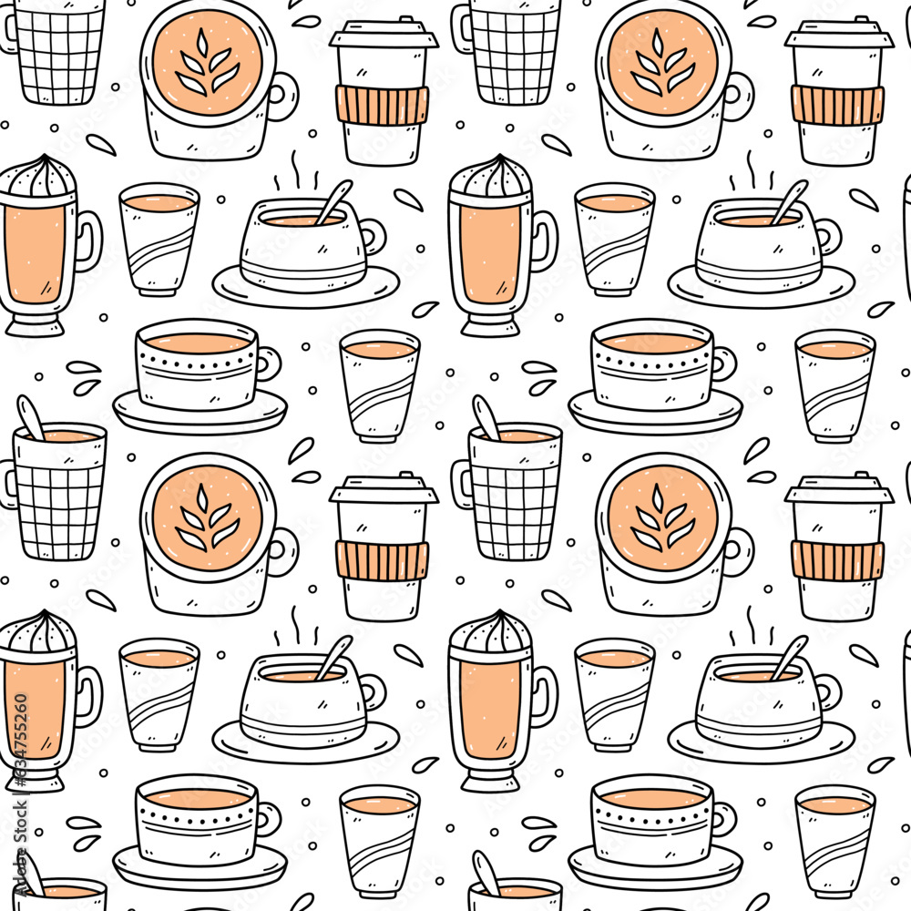 Cute seamless pattern with coffee cups - americano, cappuccino, mocha, latte. Vector hand-drawn illustration in doodle style. Perfect for print, menu, wrapping paper, wallpaper, various designs.