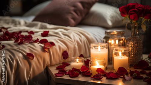 Romantic still life with candles and rose petals on the bed