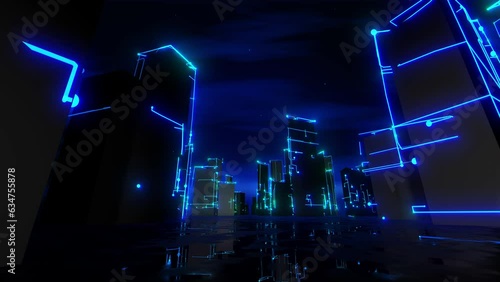 Futuristic City Tech Skyscrapers Glowing Blue Loop (ID: 634755878)