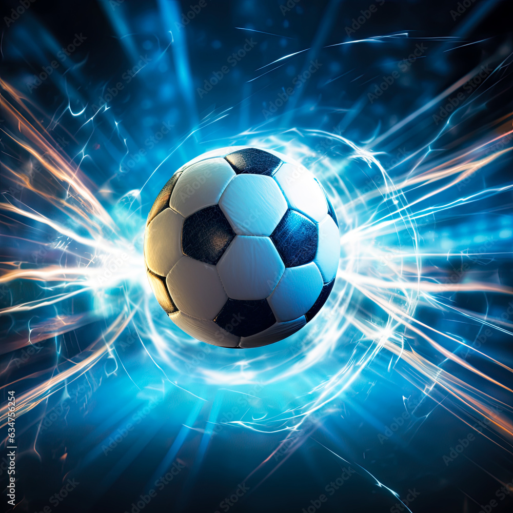 Naklejka premium Football or Soccer Ball flying through the air with colorful streaks of light for dramatic effect. Concept of Soccer or football. Blurred background.