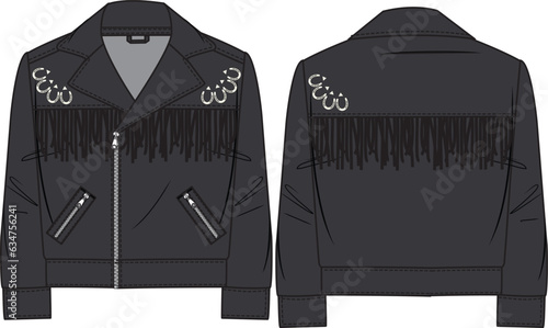 LEATHER FRINGE JACKET FRONT AND BACK FOR UNISEX OUTER WEAR VECTOR SKETCH