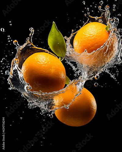 Oranges water splash. Freshness and delicious fruit. Isolated on black background.
