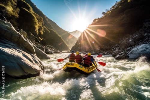 Rafting on a fast powerful mountain river. Generative AI © YouraPechkin