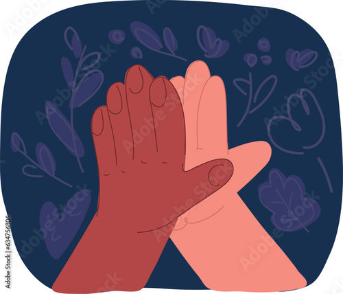 Cartoon vector illustration of Two hands giving high five, clapping palms icon. Biracial arms slap, greeting hi gesture of friends. Partners congratulation with great deal.