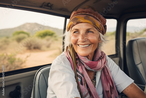 Generative AI picture cheerful aged traveler woman smiling while traveling in car on desert sand car trip