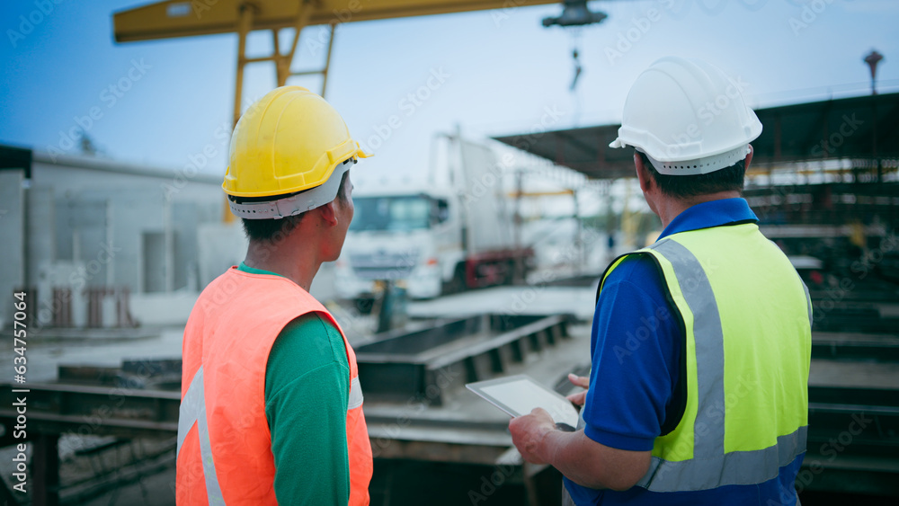 Back view of Two male civil engineer or foreman with contractor or worker wear safety helmet working on site. Colleagues discussing, meeting with blueprint about construction building project. Back view of Two male civil engineer or foreman with contractor or worker wear safety helmet working on site. Colleagues discussing, meeting with blueprint about construction building project.