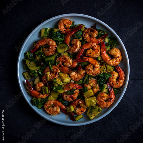 Smashed cucumber salad with shrimp and chopped lettuce greens. Dressed with soy sauce, rice wine vinegar, sesame oil, and chili crisp,