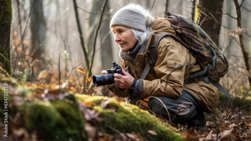 Elderly Woman with grey hair, hiking outdoor portrait of caucasian female pensioner with backpack, enjoying nature. Aging, retirement, people, active lifestyle, health care concept. AI photography.