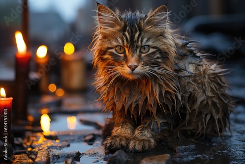 Fototapeta Naklejka Na Ścianę i Meble -  Wet homeless sad adult cat on a street in the rain. Lonely animal. Concept of protecting homeless animals.