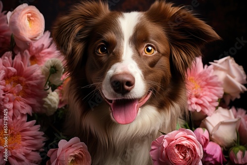 Portrait of brown with white dog. Cute dog with flowers, close-up front view.