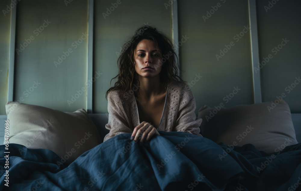 Young sleepless woman on her bed. Concept image on mental health issues. Generative AI. Young sleepless woman on her bed. Concept image on mental health issues. Generative AI.