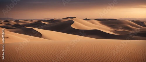 Landscape of golden dune against sunset sky. Wide angle shot. Desert scene.