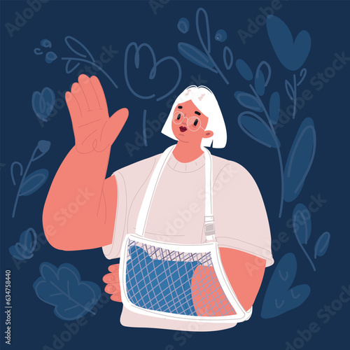 Cartoon vector illustration of woman with a broken arm, treatment of injuries and bondage for the hand