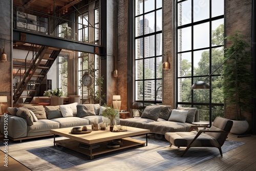Contemporary loft-style living room, high ceilings, large windows, rustic-modern mix. Concept of interior design and architecture. © Postproduction