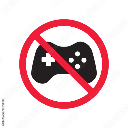 Forbidden joystick vector icon. Warning, caution, attention, restriction, label, ban, danger. No gamepad flat sign design pictogram symbol. No game pad joystick icon