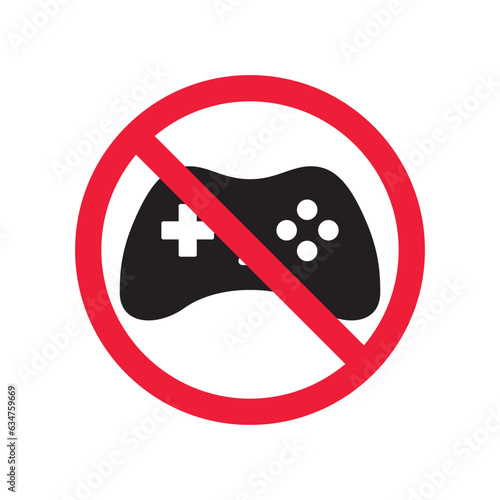 Forbidden joystick vector icon. Warning, caution, attention, restriction, label, ban, danger. No gamepad flat sign design pictogram symbol. No game pad joystick icon
