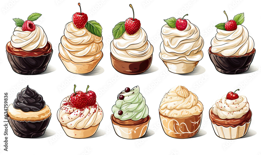 A set of sketches of cupcakes on a white background. A set of sketches of cupcakes on a white background.