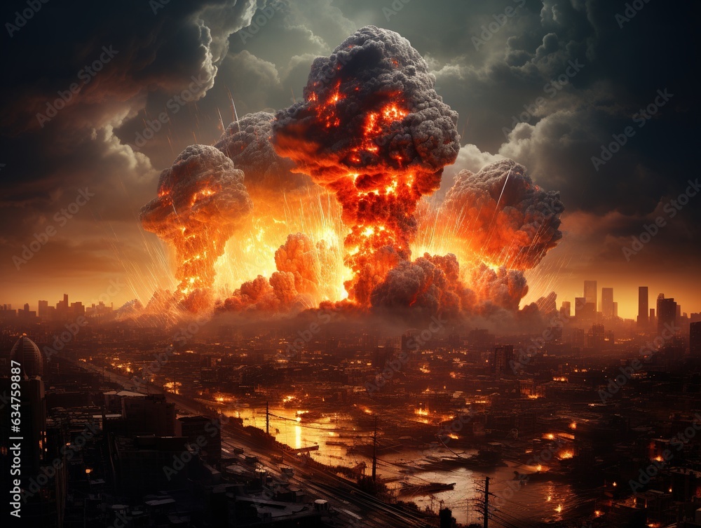 Explosion of nuclear bomb in the city. end of world illustration. Nuclear war threat concept Explosion of nuclear bomb in the city. end of world illustration. Nuclear war threat concept