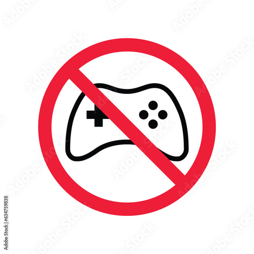 Forbidden joystick vector icon. Warning, caution, attention, restriction, label, ban, danger. No gamepad flat sign design pictogram symbol. No game pad joystick icon