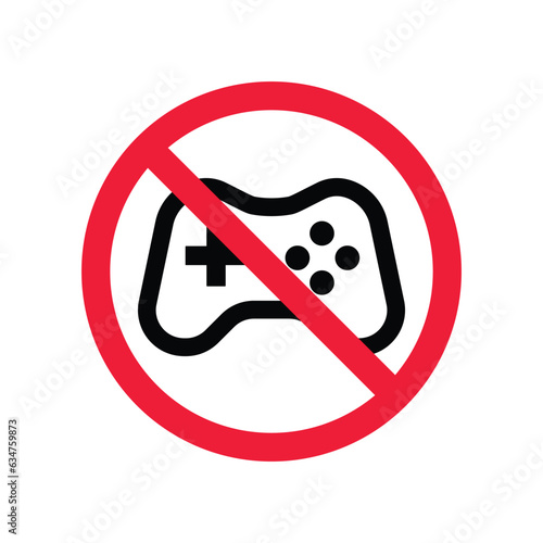 Forbidden joystick vector icon. Warning, caution, attention, restriction, label, ban, danger. No gamepad flat sign design pictogram symbol. No game pad joystick icon