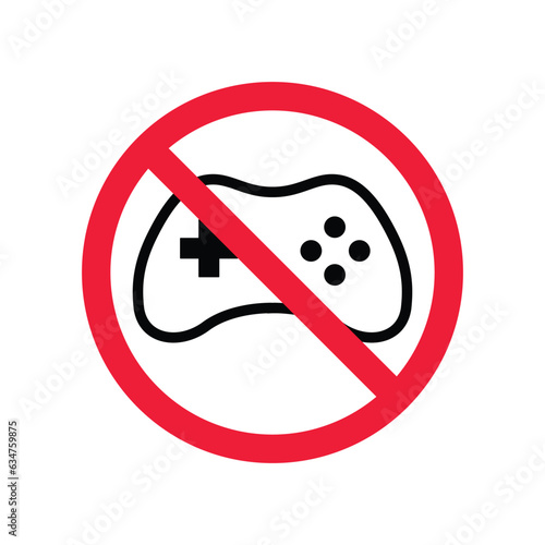 Forbidden joystick vector icon. Warning, caution, attention, restriction, label, ban, danger. No gamepad flat sign design pictogram symbol. No game pad joystick icon