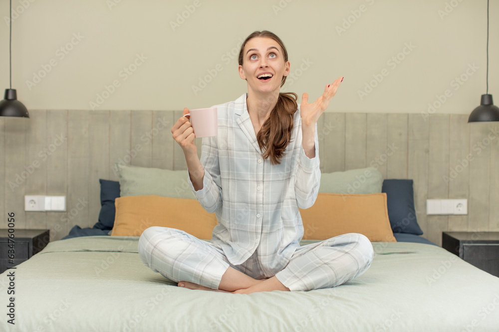 screaming with hands up in the air. bed time concept screaming with hands up in the air. bed time concept