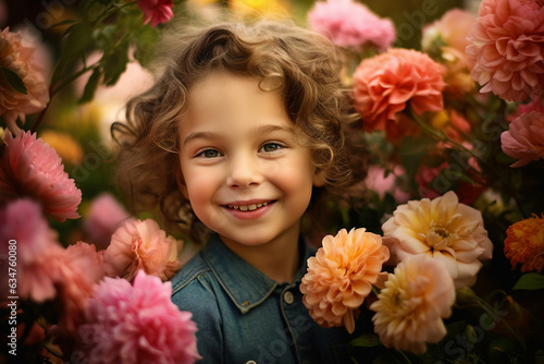 Generative ai collage image of cute kid have fun enjoy in flower bouquet bunch