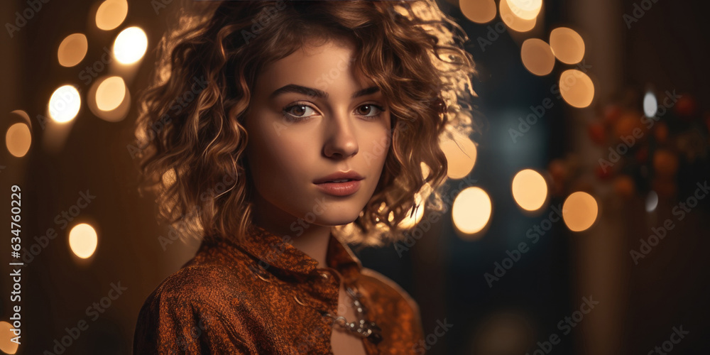 Beauty Girl in Festive Party. Beautiful Young Woman Model Brunette with curly hair on a Dark Background with blurred holiday or Christmas lights, Christmas and New Year party Beauty Girl in Festive Party. Beautiful Young Woman Model Brunette with curly hair on a Dark Background with blurred holiday or Christmas lights, Christmas and New Year party