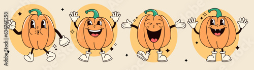 Groovy halloween cartoon pumpkins set. Tis the season. Vector illustration.