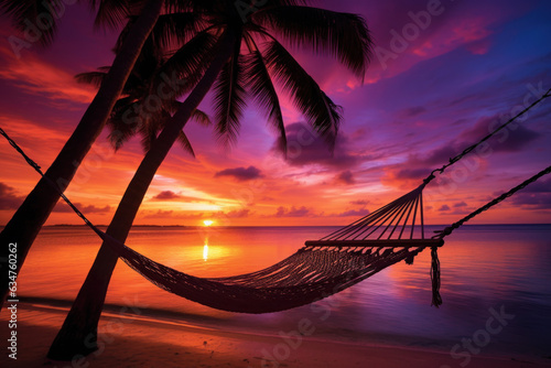 Tropical Sunset Bliss: Hammock, Palm Trees, and Ocean View © Jelena
