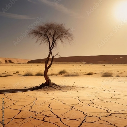 Harsh Desert Landscape  Sunlit cracks on barren earth  lone resilient tree in the distance symbolizing drought s impact. Evocative stock photo capturing the stark beauty of arid conditions.