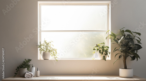 A minimalist bathroom with a plant-filled window sill.