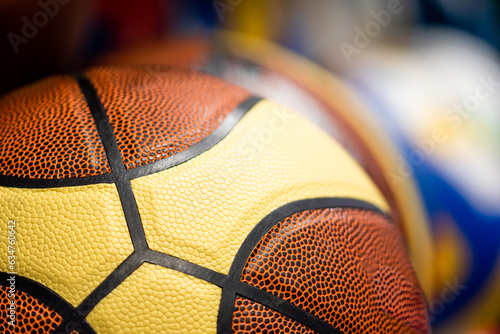 Close-up of a basketballs in the sports shop, sports retail store ready for sale.