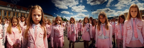 Lovely schoolgirls wearing pink uniforms standing in school yard and looking at the camera. Back to school concept. Generative AI. Panoramic format
